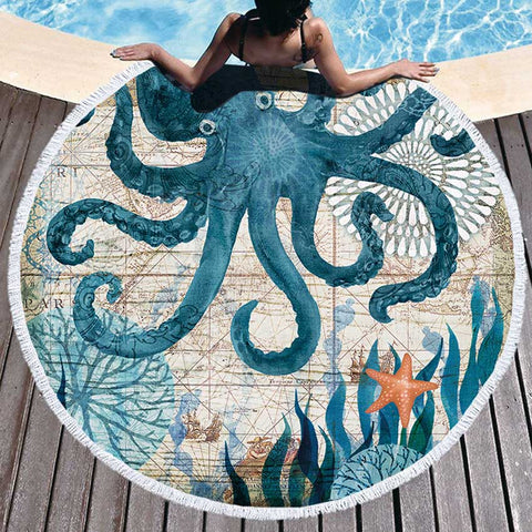 Serviette de plage ronde octopus bleu