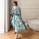 Peignoir kimono<br> femme turquoise fleuri