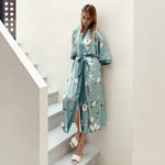 Peignoir kimono femme turquoise fleuri